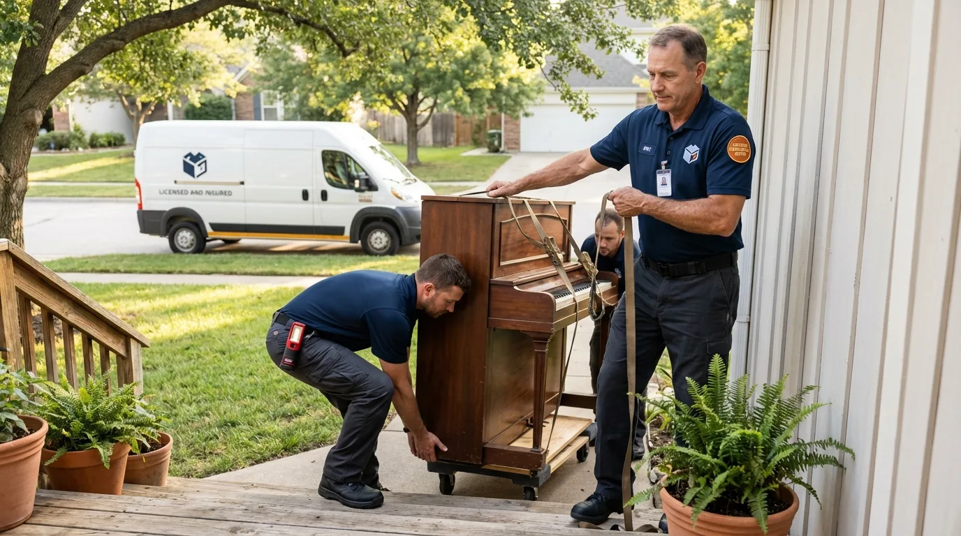 Licensed piano movers securing grand piano in Cantonment, FL