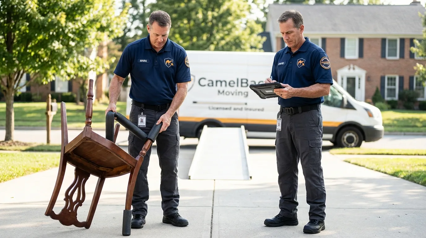 Movers inspecting furniture for damage prevention before loading in Cantonment, FL