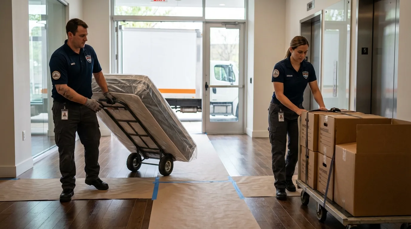 Professional apartment movers loading elevator in Cantonment, FL